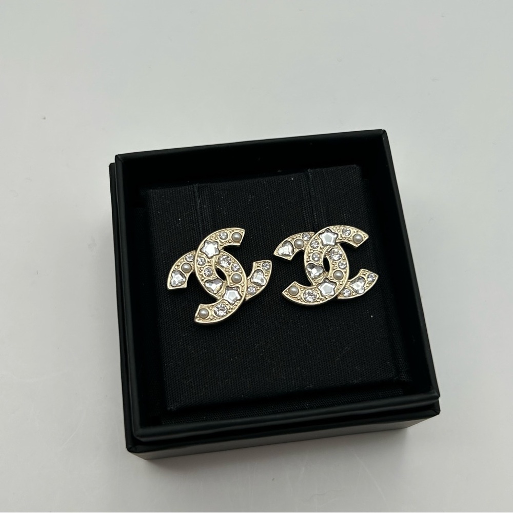 CHANEL Earrings Gold and Silver Crystal Logo - Picture 3 of 5